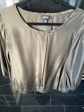 DKNY 100% Silk Olive-Tone Blouse with Pleat Front, three-quarter length sleeves